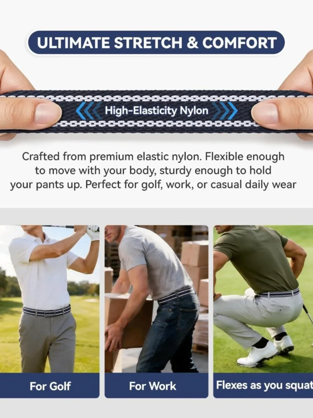 Reversible 2-in-1 Stretch Braided Golf Belt for Men, Holeless Elastic Web, 1.3